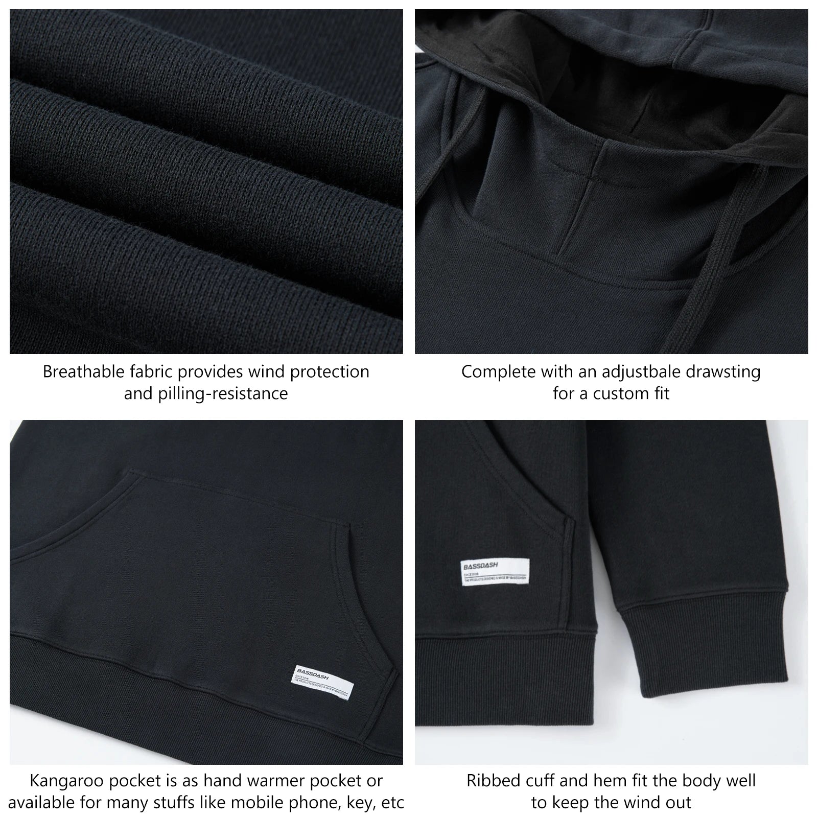 BASSDASH Men’s Cotton Hoodie Sweatshirt