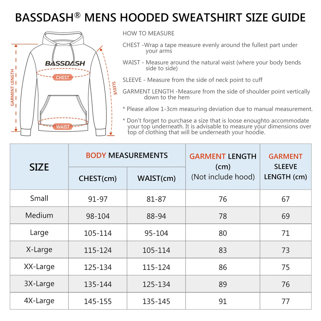 BASSDASH Men’s Cotton Hoodie Sweatshirt