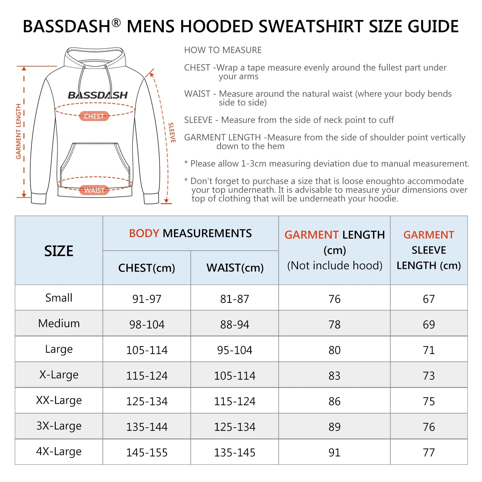 BASSDASH Men’s Cotton Hoodie Sweatshirt