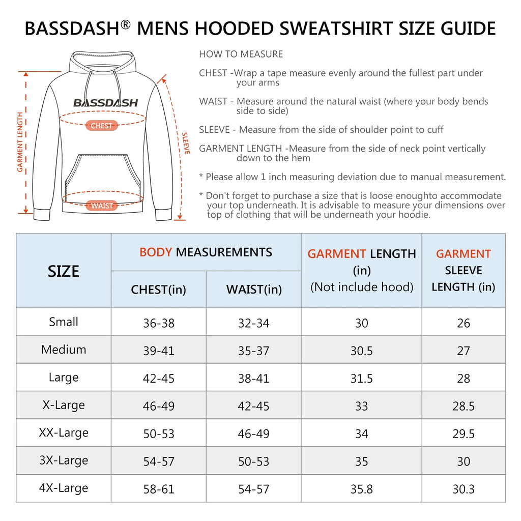 BASSDASH Men’s Cotton Hoodie Sweatshirt