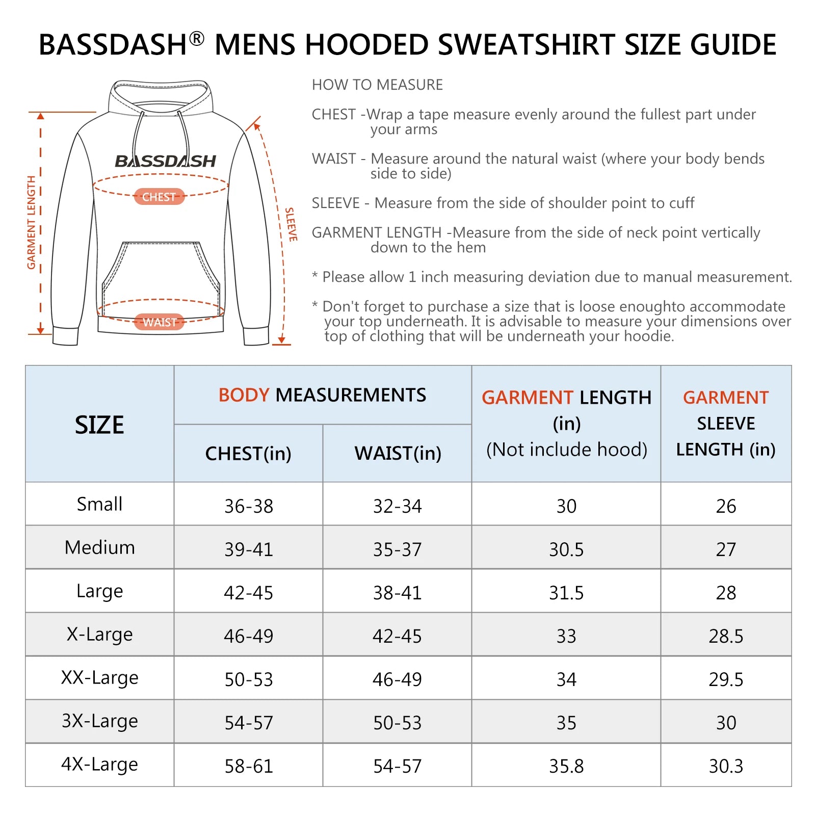 BASSDASH Men’s Cotton Hoodie Sweatshirt
